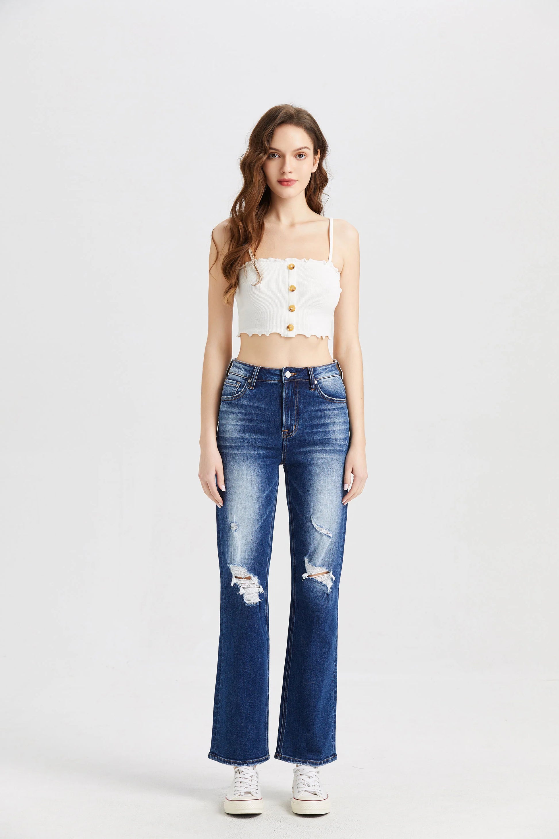 Bayeas High Rise Distressed Straight Leg Jean