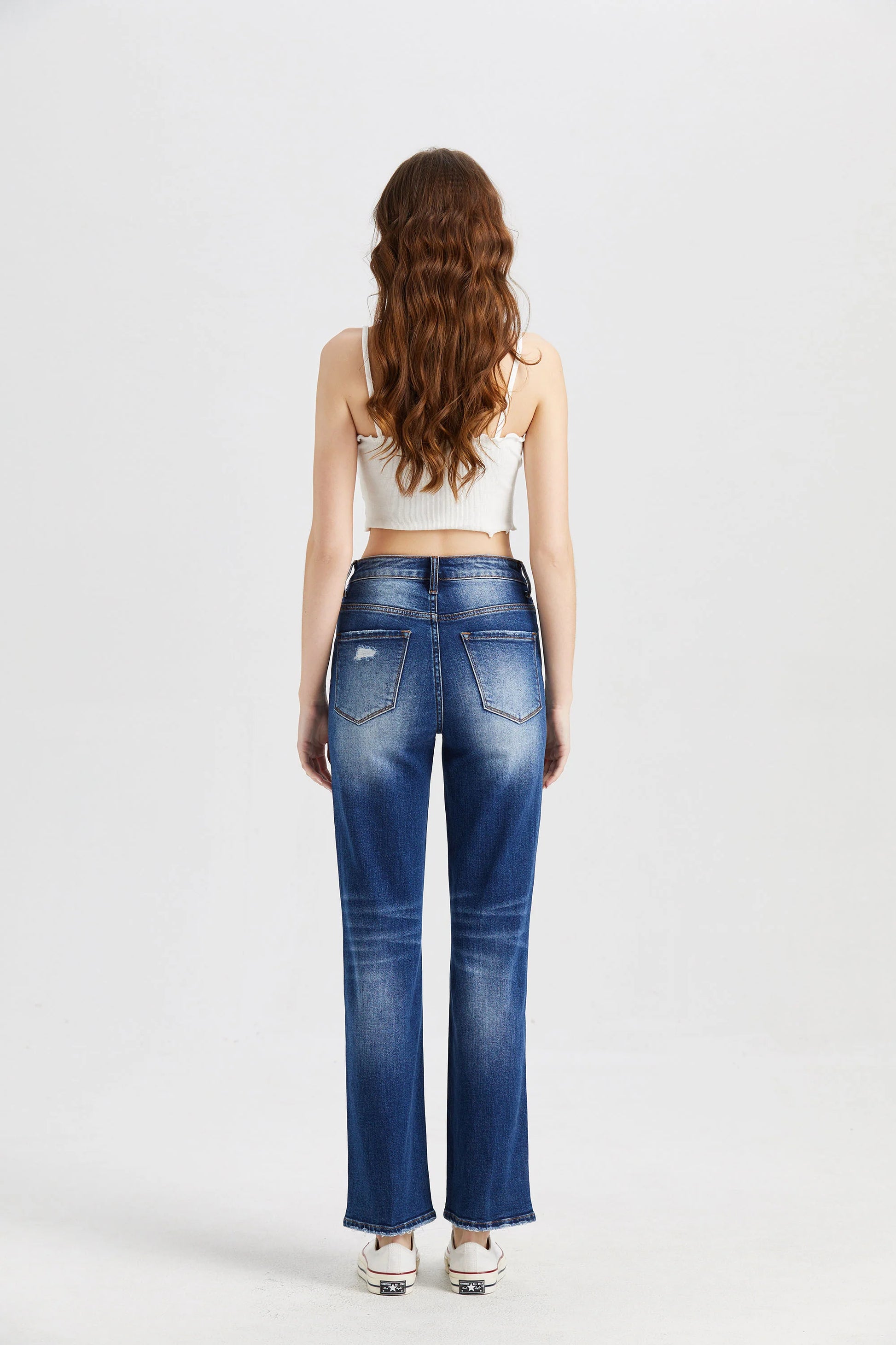 Bayeas High Rise Distressed Straight Leg Jean