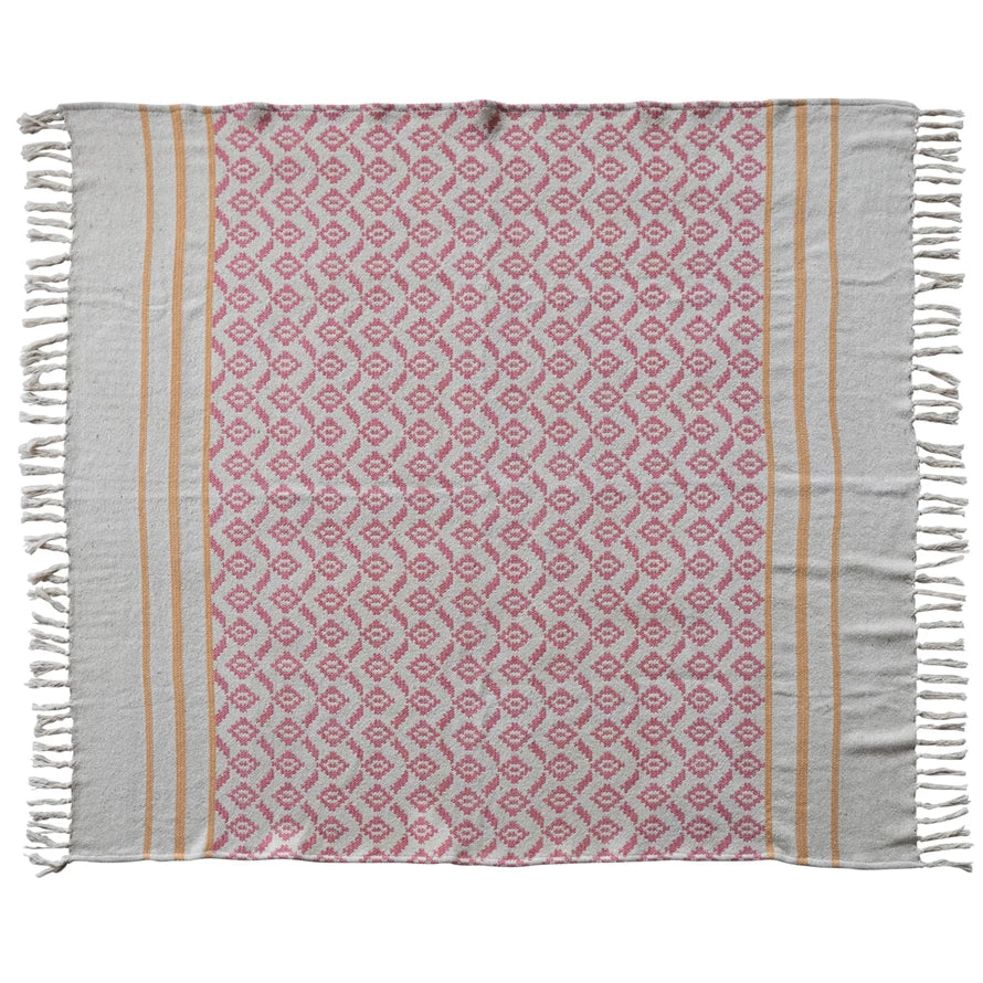 Cotton Blend Jacquard Throw With Stripes & Tassels