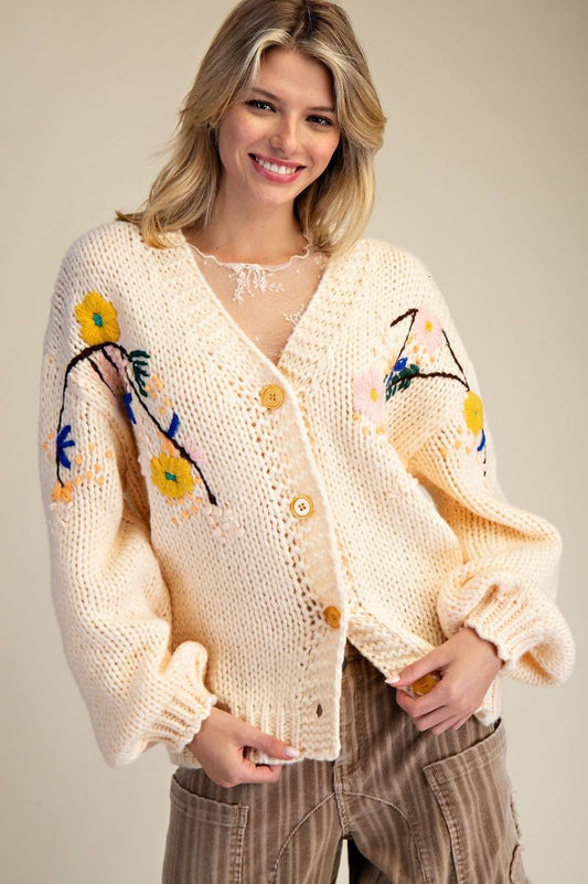 Easel Floral Embroidery Knitted Sweater Cardigan