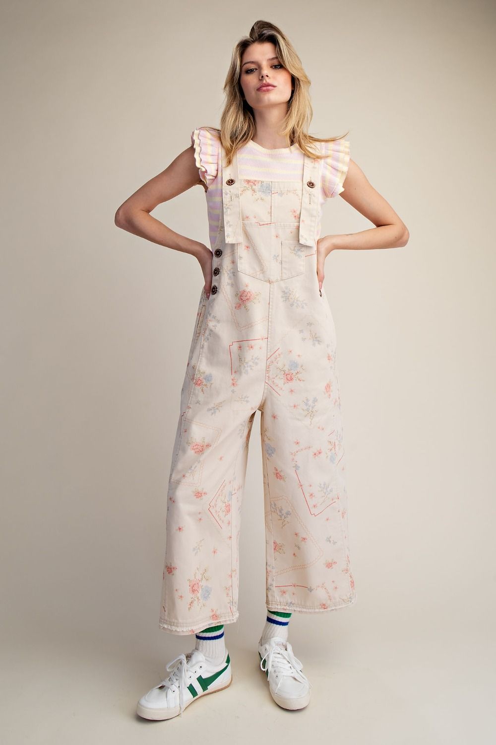 Easel Floral Printed Washed Twill Overalls