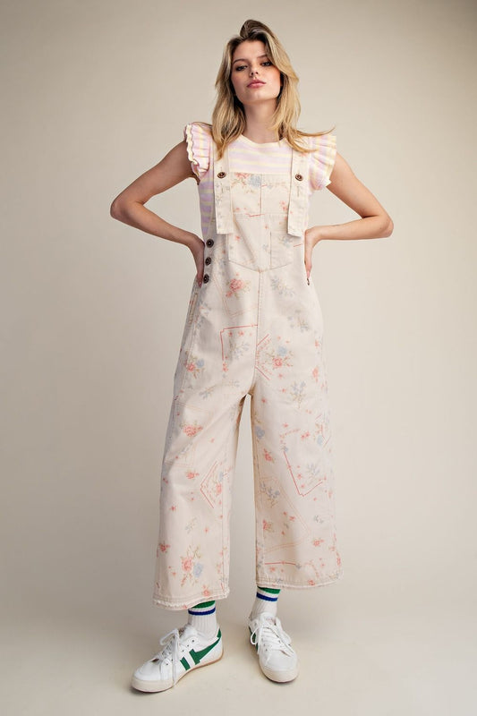 Easel Floral Printed Washed Twill Overalls