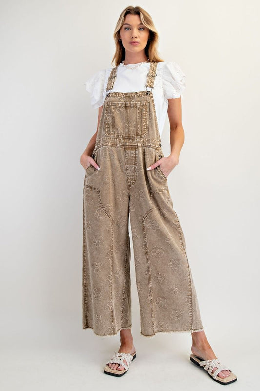 Easel Flower Pattern Washed Twill Overalls