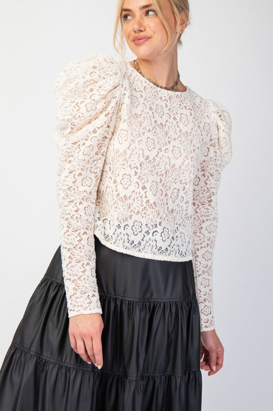 Easel Puff Sleeves Novelty Lace Woven Blouse