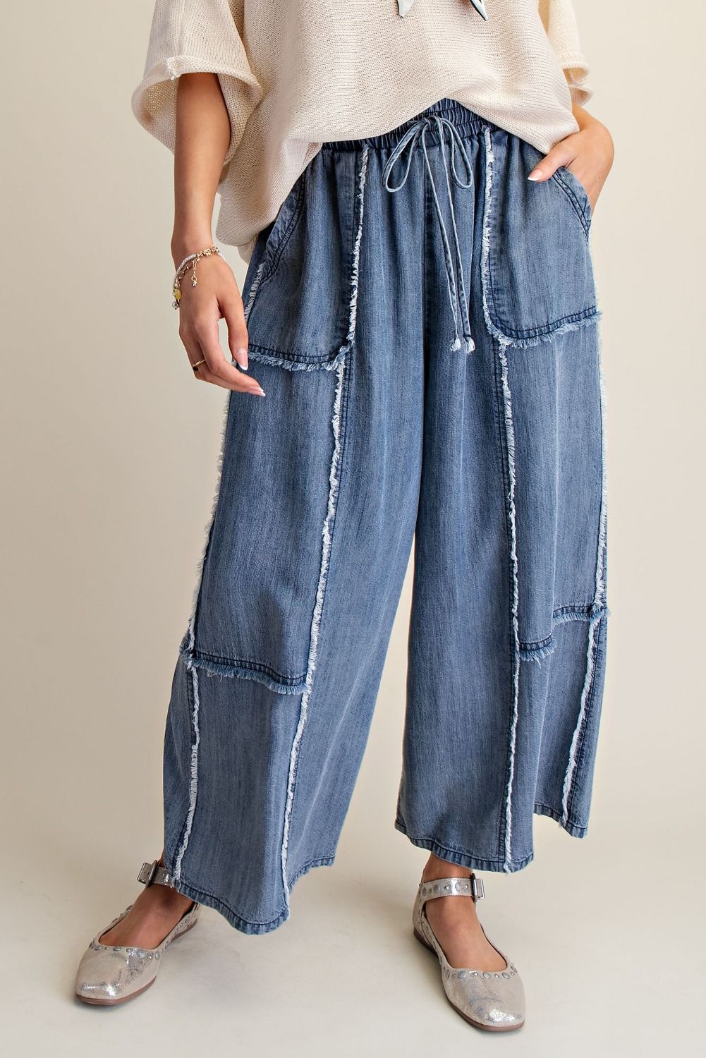 Easel Self Fray Washed Chambray Palazzo Pants
