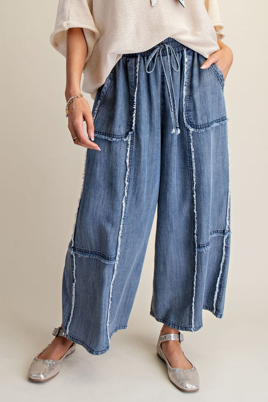 Easel Self Fray Washed Chambray Palazzo Pants