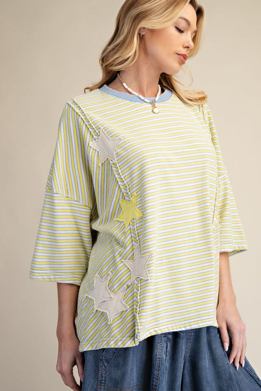 Easel  Striped Star Patch Detailing Washed Top