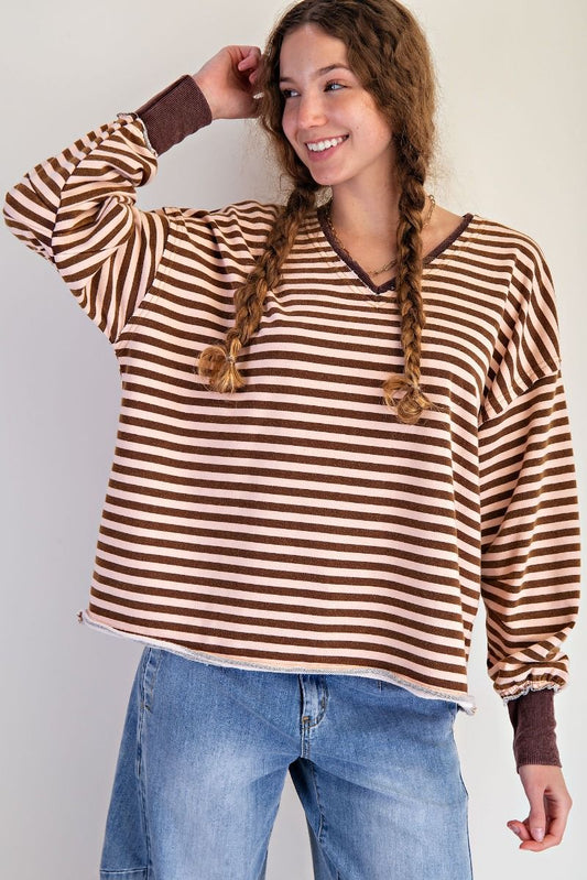 Easel Striped Washed Terry Pullover