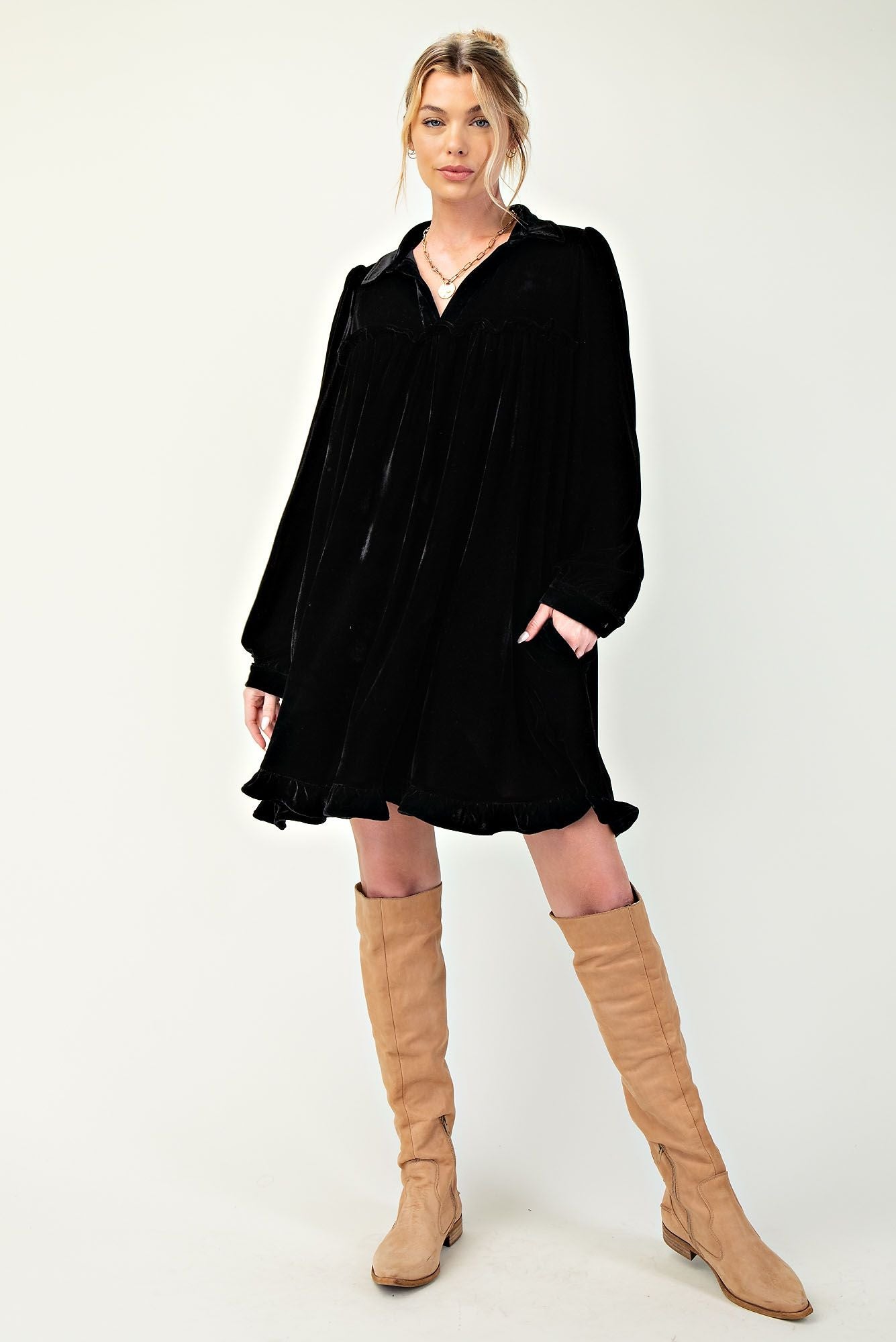 Easel Velvet Ruffle Bottom Dress