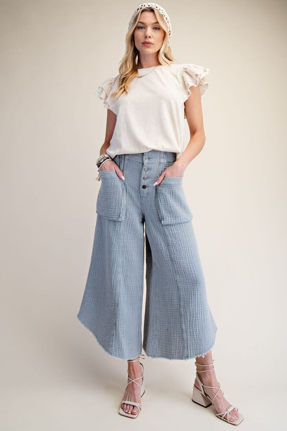 Easel Washed Cotton Gauze Palazzo Pants