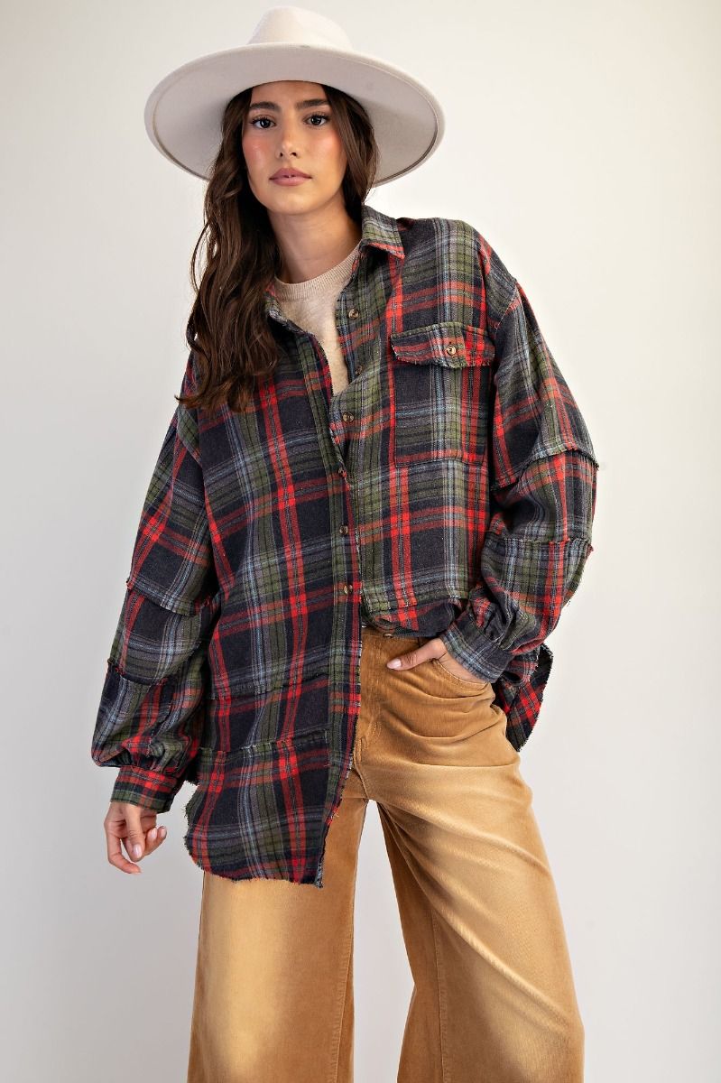 Easel Washed Plaid Shirt Tunic