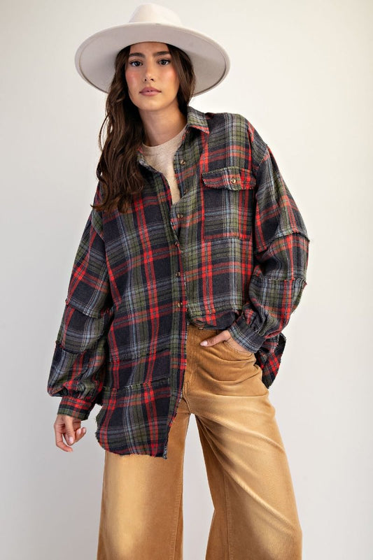 Easel Washed Plaid Shirt Tunic