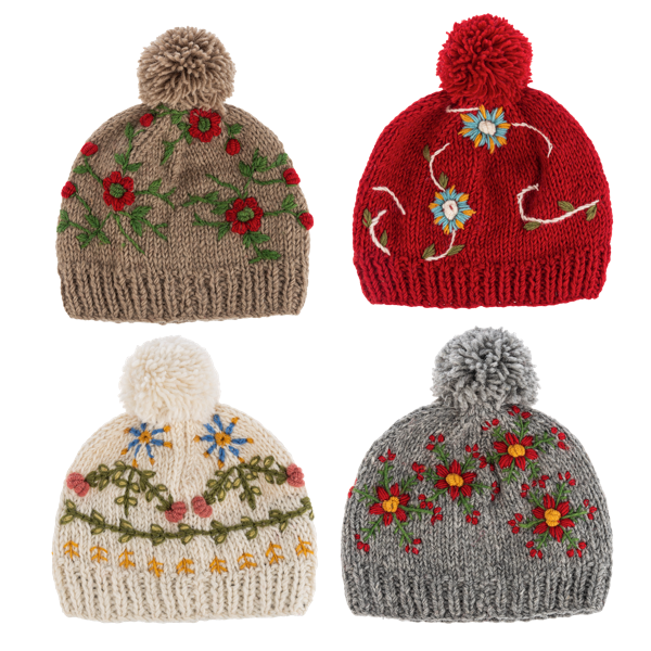 Embroidered Beanie Hats With Pom-Pom