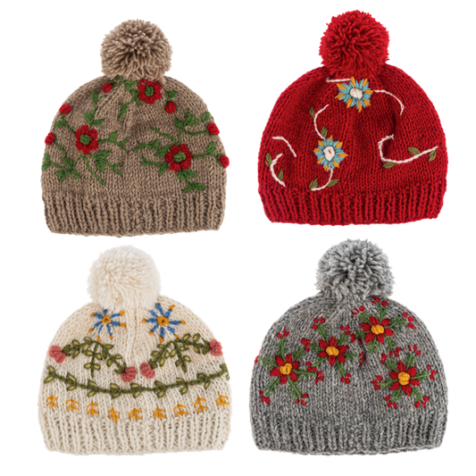 Embroidered Beanie Hats With Pom-Pom