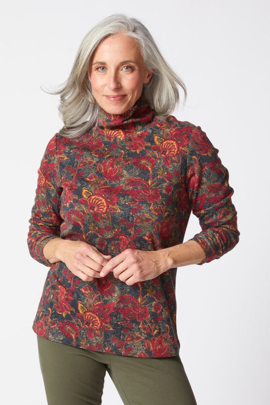 Fall Cozy Rib Paisley Ruched Turtleneck