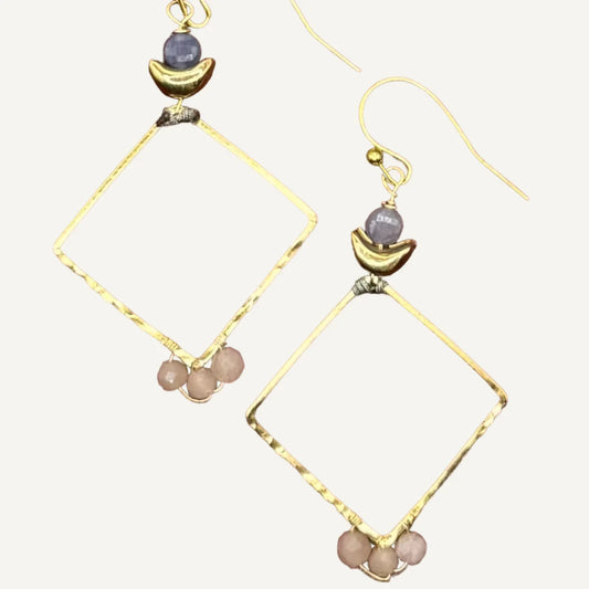 Gold Diamond Earrings With Blue Lace Agate And Sunstone