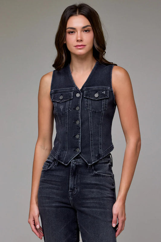 Hidden Charcoal Wash Fitted Denim Vest