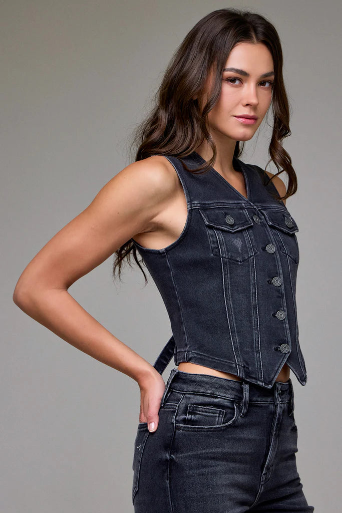 Hidden Charcoal Wash Fitted Denim Vest