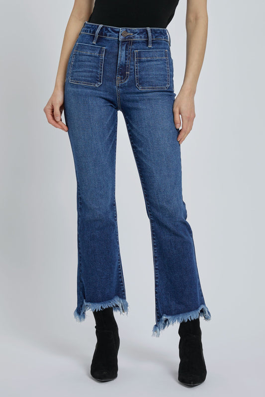 Hidden Front Pocket Frayed Hem Cropped Flare