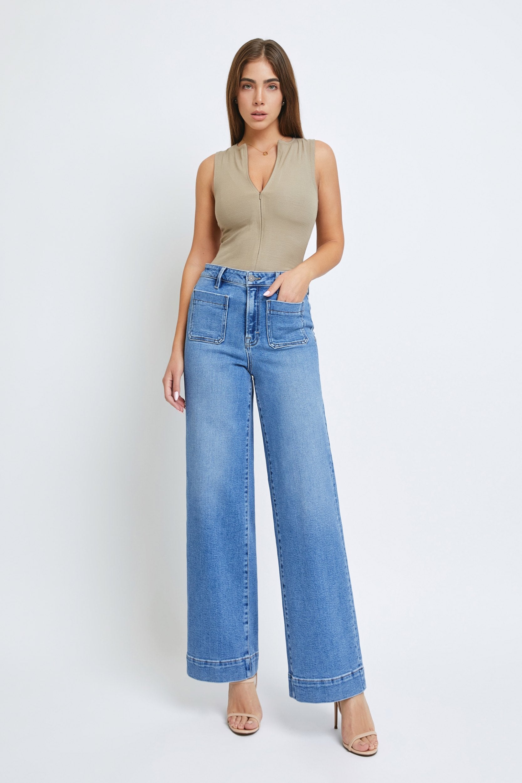 Hidden Front Pocket Stretch Wideleg Pants