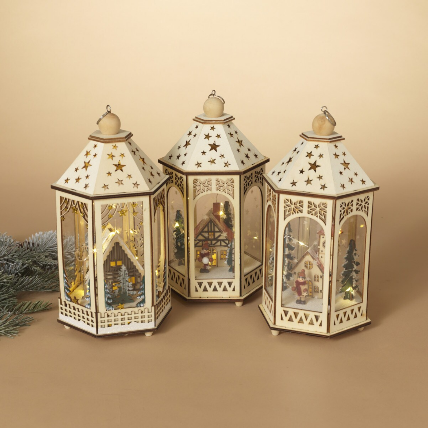 Lighted Laser Cut Wood Lantern with Village Scene
