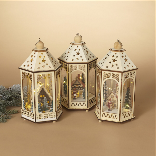 Lighted Laser Cut Wood Lantern with Village Scene