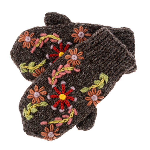 Knit Embroidered Floral Mittens