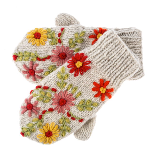 Knit Embroidered Floral Mittens