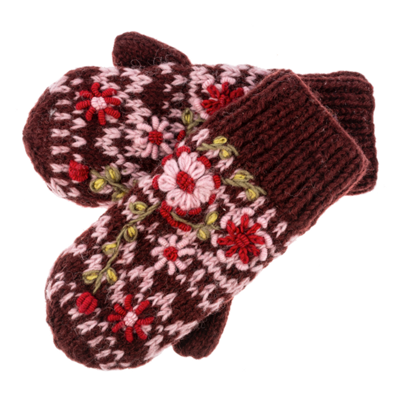 Knit Embroidered Floral Mittens