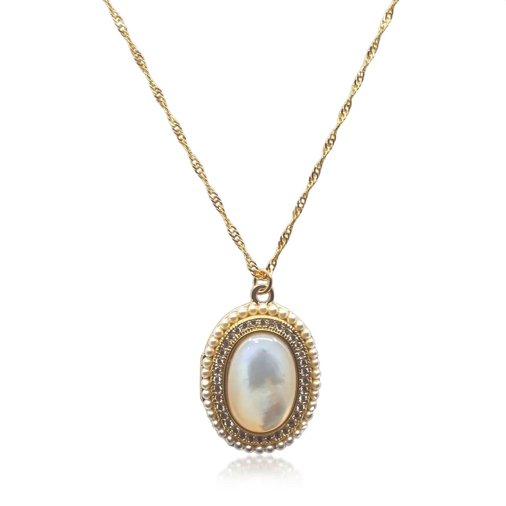 Athena Designs Mother of Pearl, Pearl & CZ Oval Pendant