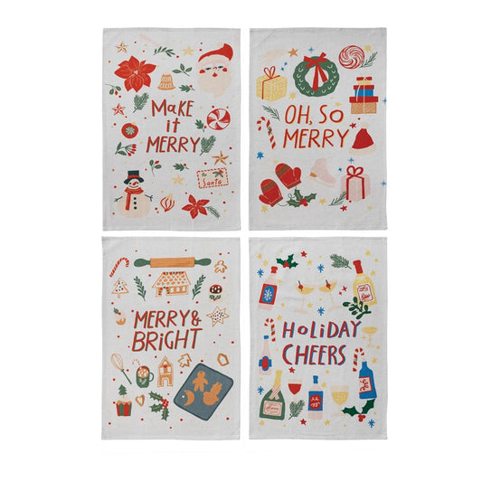 Four Christmas-themed towels with festive designs and text on a white background.