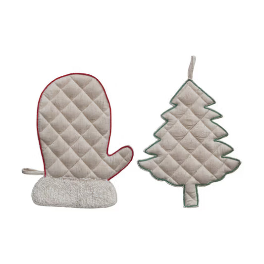 Quilted & Linen Mitten/Tree Shaped Pot Holder