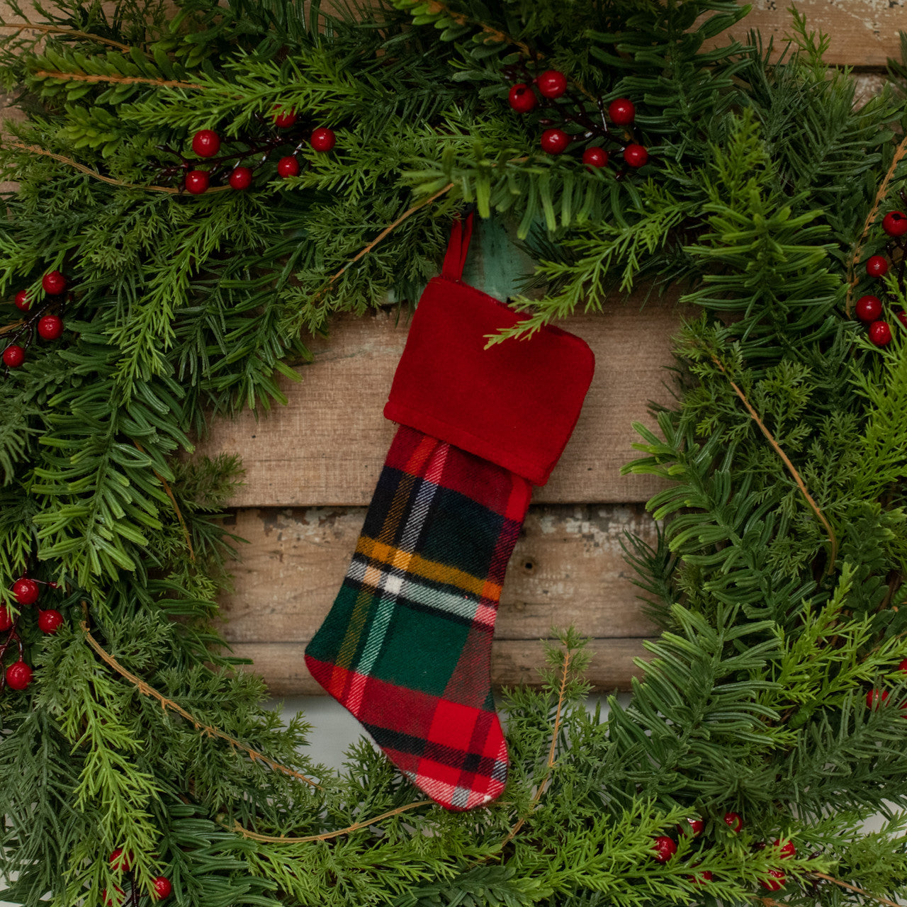 Tartan Stocking Ornament With Red Cuff