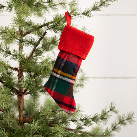 Tartan Stocking Ornament With Red Cuff