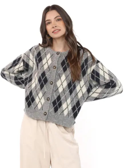 Sadie & Sage Bec Argyle Cardigan Sweater