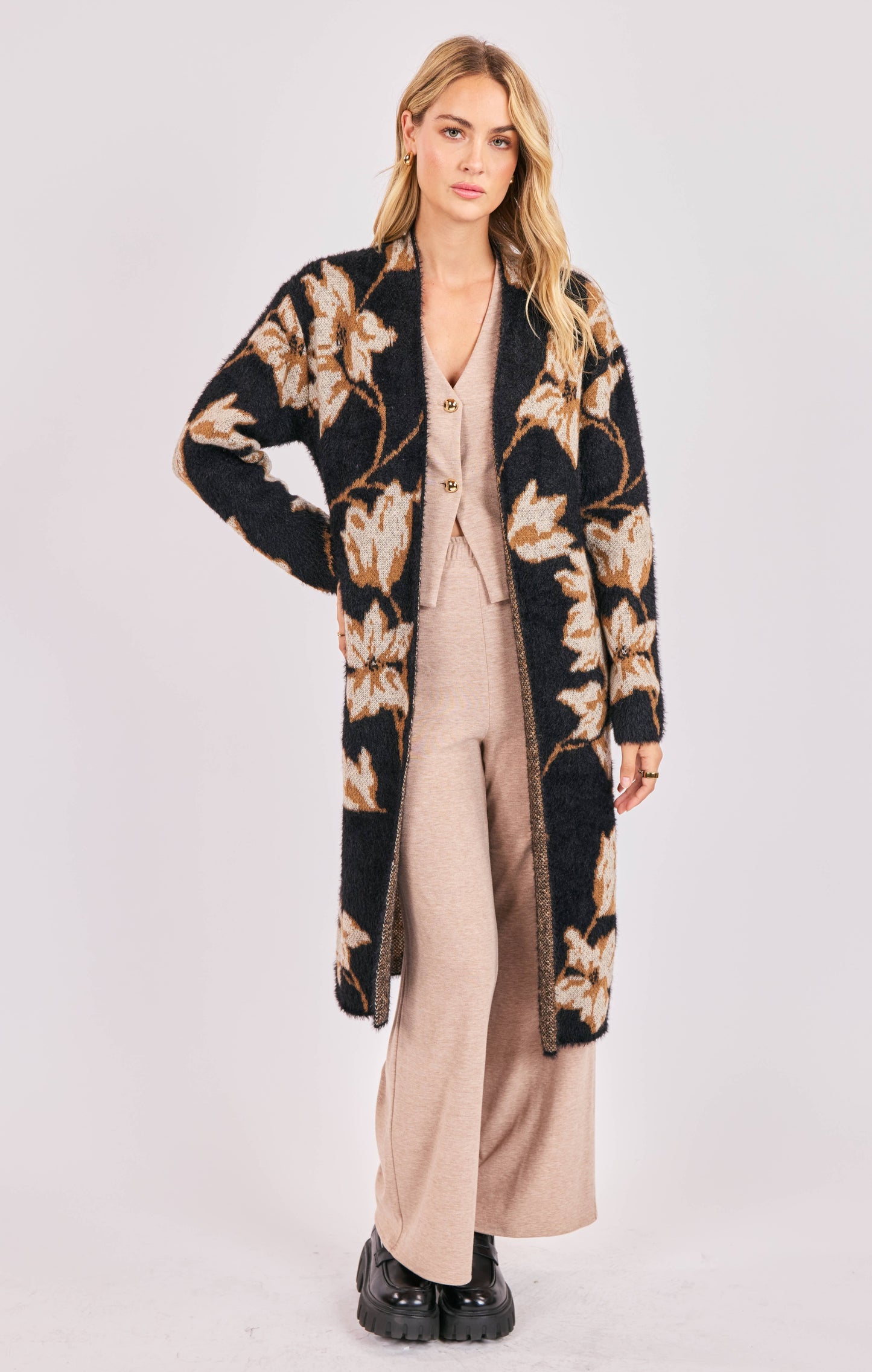 Sadie & Sage Emory Floral Intarsia Open Duster Cardigan