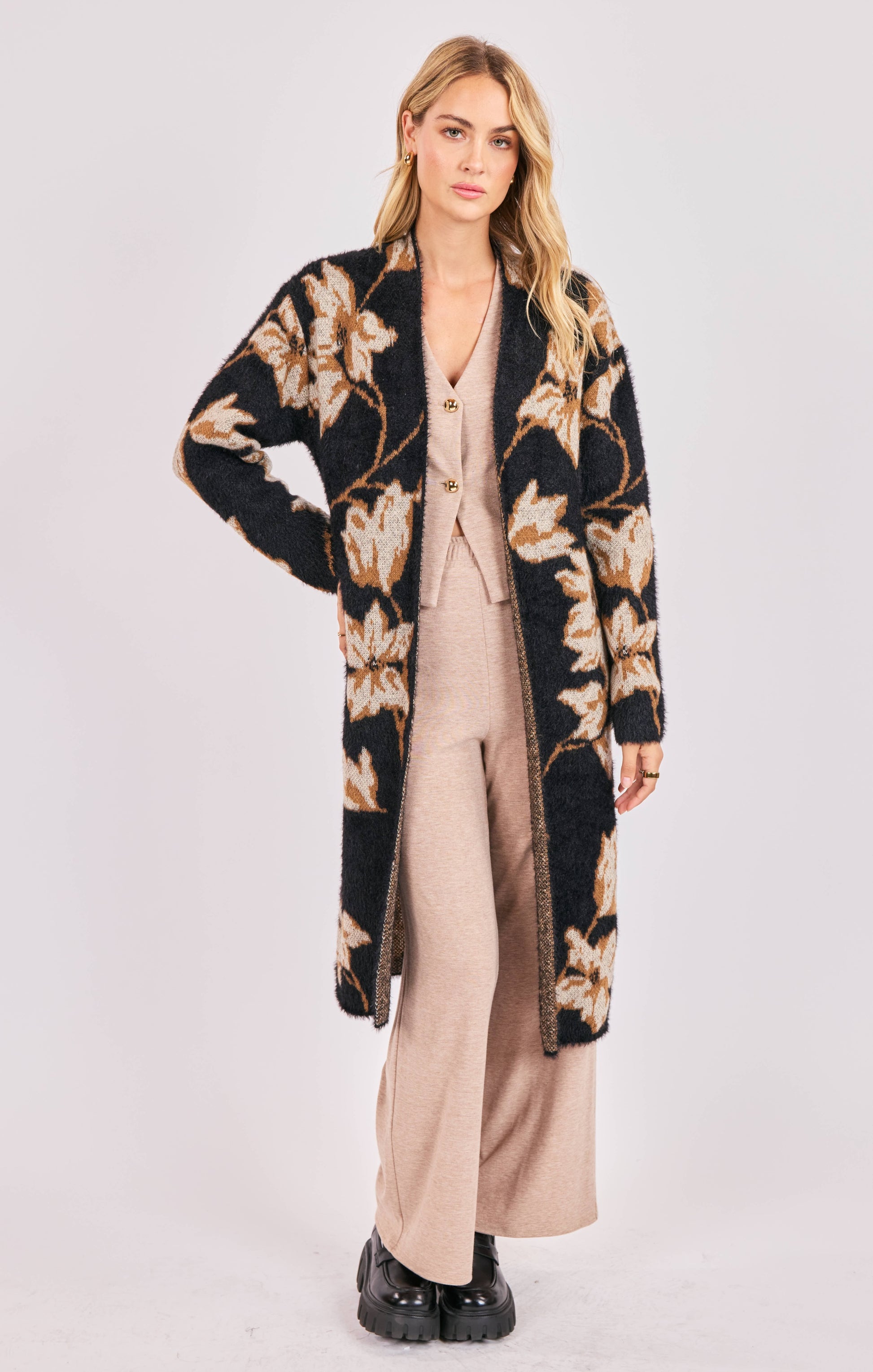 Sadie & Sage Emory Floral Intarsia Open Duster Cardigan