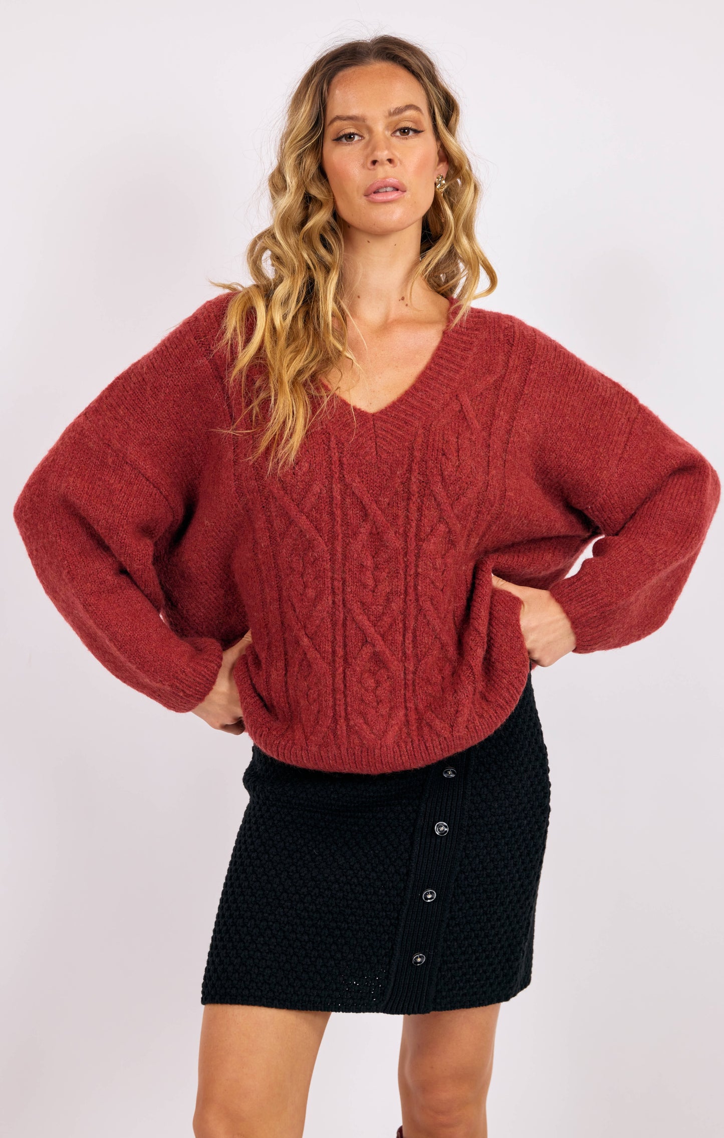 Sage The Label Estella V-Neck Cable Knit Sweater