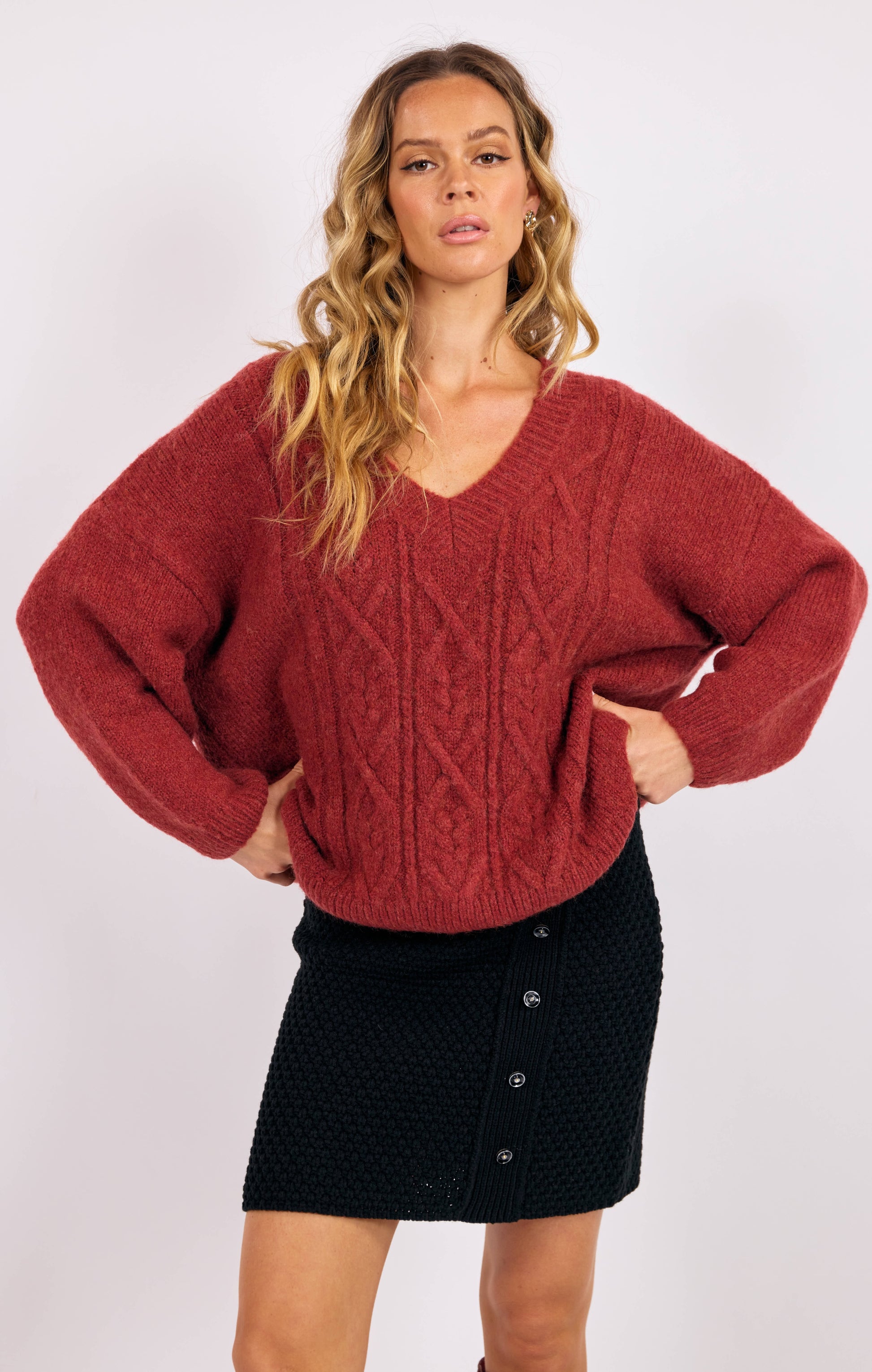 Sage The Label Estella V-Neck Cable Knit Sweater