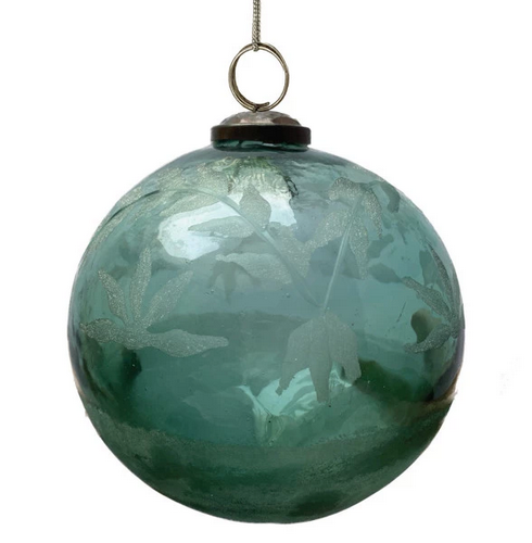 Glass Ball Ornament With Etched Leaves Green