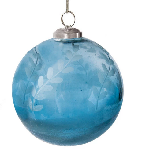 Glass Ball Ornament With Etched Leaves Blue