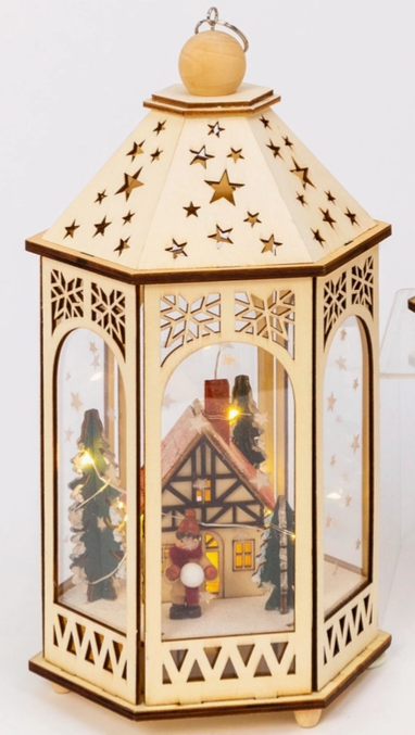 Lighted Laser Cut Wood Lantern with Village Scene