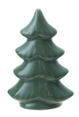 Green ceramic Christmas tree ornament on a white background