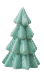 Green ceramic Christmas tree ornament on a white background