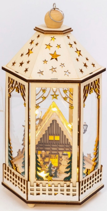 Lighted Laser Cut Wood Lantern with Village Scene