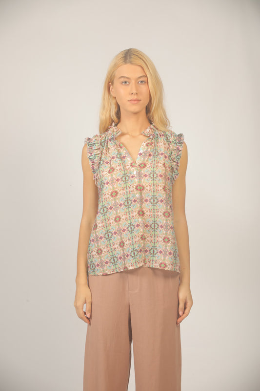 See U Soon Meadow Mosaic Ruffle Sleeve Top