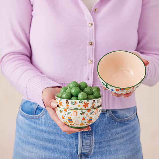 Stoneware Bowl, Green Rim & Pink Inside