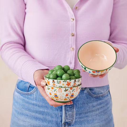 Stoneware Bowl, Green Rim & Pink Inside