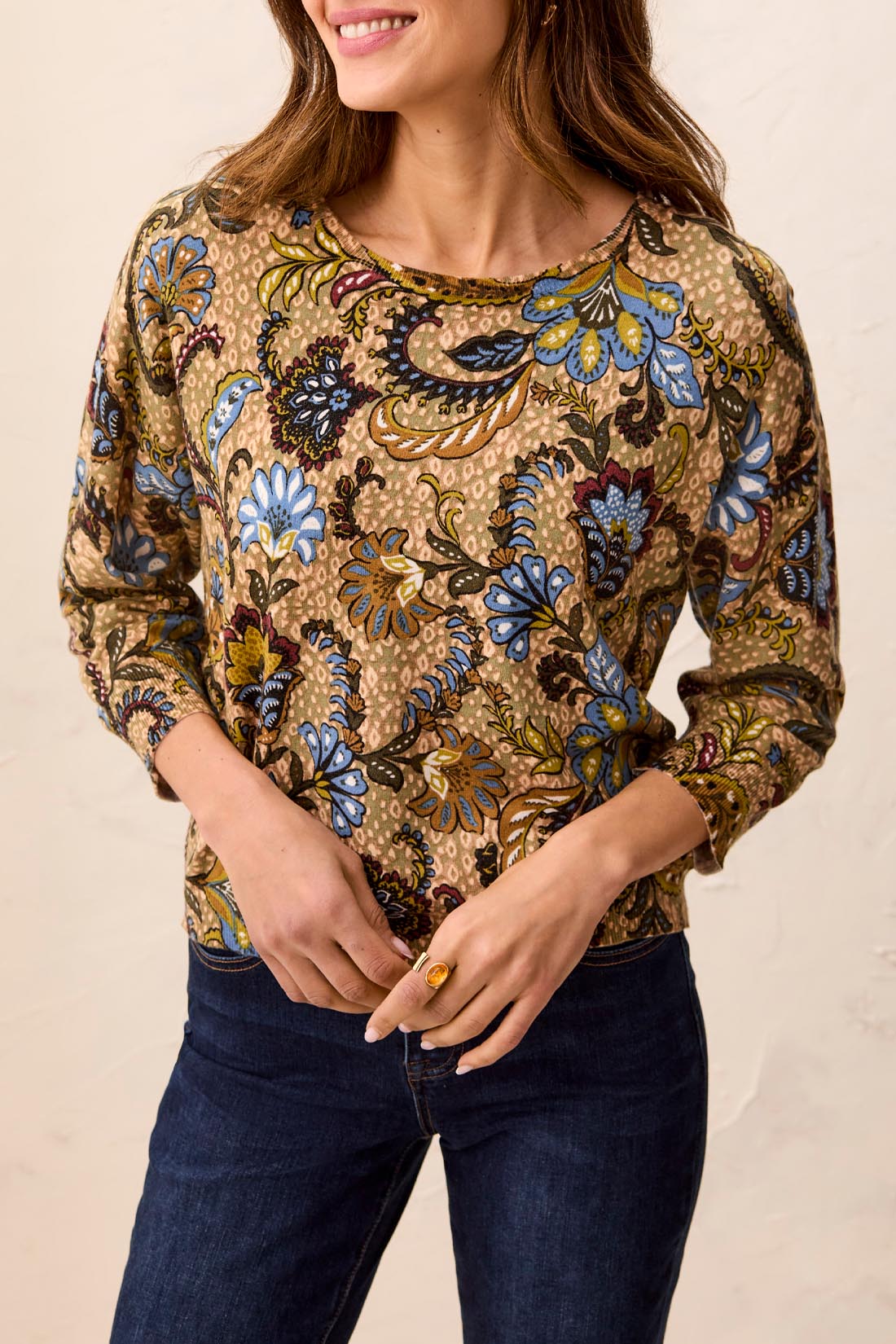 Tribal Soft Yarn Three-Quarter Sleeve Crewneck Sweater