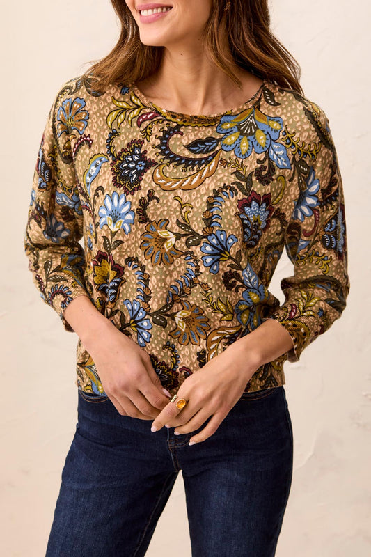 Tribal Soft Yarn Three-Quarter Sleeve Crewneck Sweater